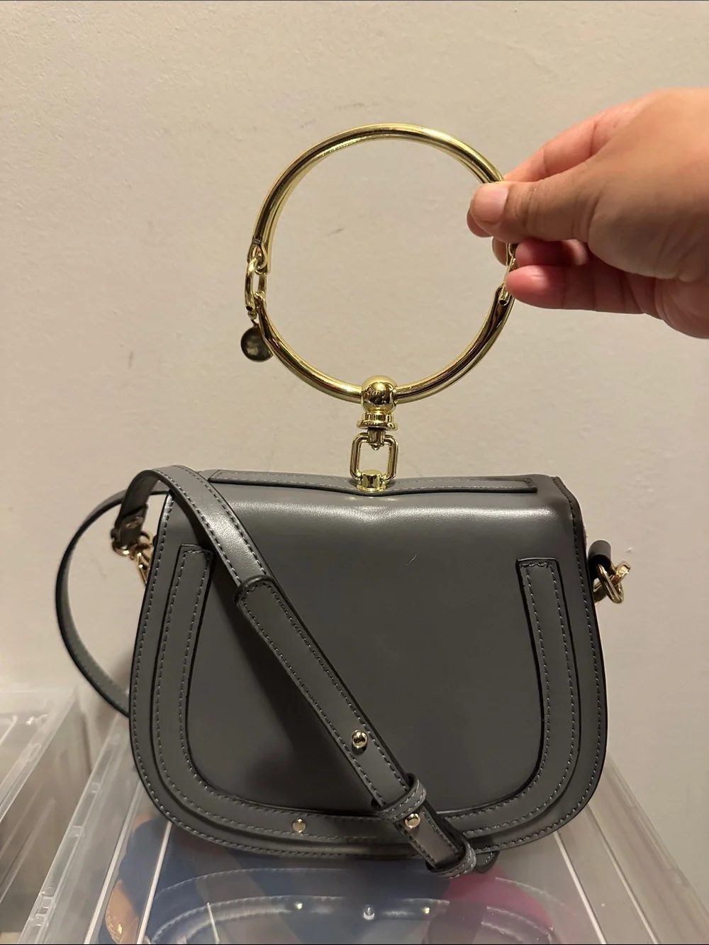 Grey Women's Saddle Crossbody Bag with Gold Ring Accent